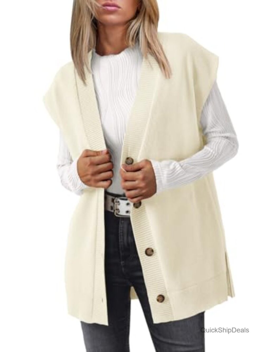 Women's Oversized Long Sleeveless V-Neck Button Up Ribbed Knit Sweater Vest